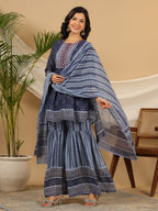 Juniper Navy Blue Geometric Printed Georgette Gota Kurta Sharara & Dupatta Set With beads & Sequins | Grocsy