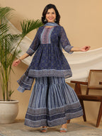 Juniper Navy Blue Geometric Printed Georgette Gota Kurta Sharara & Dupatta Set With beads & Sequins | Grocsy
