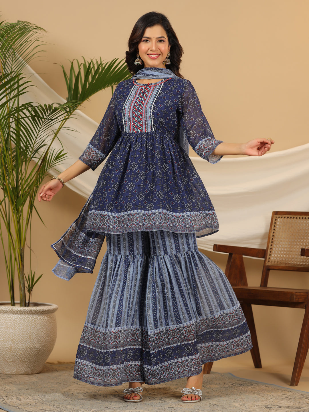 Juniper Navy Blue Geometric Printed Georgette Gota Kurta Sharara & Dupatta Set With beads & Sequins | Grocsy