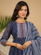 Juniper Navy Blue Geometric Printed Georgette Gota Kurta Sharara & Dupatta Set With beads & Sequins | Grocsy