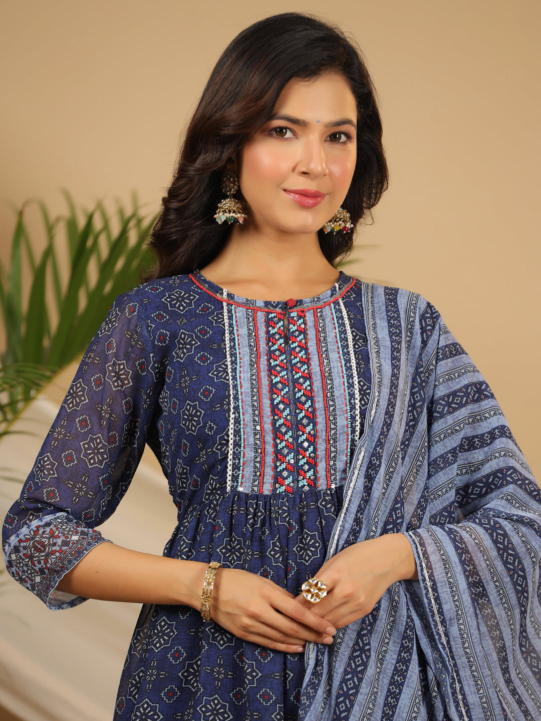 Juniper Navy Blue Geometric Printed Georgette Gota Kurta Sharara & Dupatta Set With beads & Sequins | Grocsy