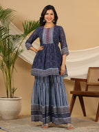 Juniper Navy Blue Geometric Printed Georgette Gota Kurta Sharara & Dupatta Set With beads & Sequins | Grocsy