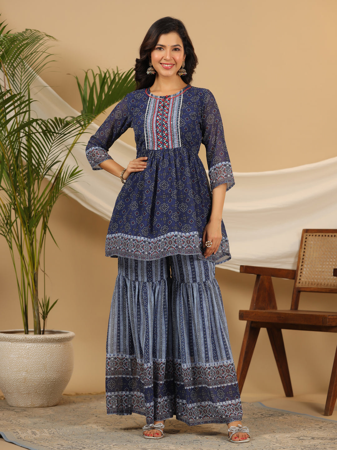 Juniper Navy Blue Geometric Printed Georgette Gota Kurta Sharara & Dupatta Set With beads & Sequins | Grocsy