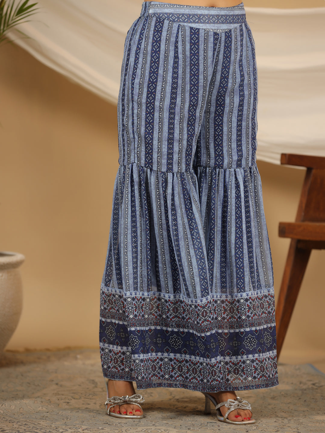 Juniper Navy Blue Geometric Printed Georgette Gota Kurta Sharara & Dupatta Set With beads & Sequins | Grocsy