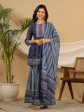 Juniper Navy Blue Geometric Printed Georgette Gota Kurta Sharara & Dupatta Set With beads & Sequins | Grocsy