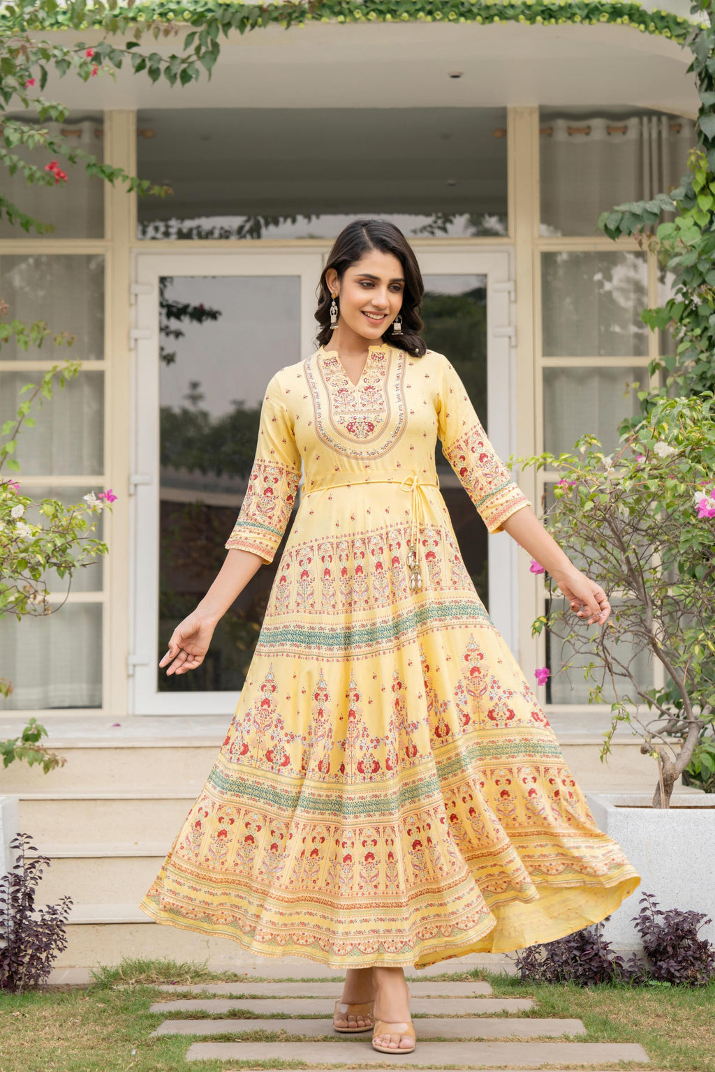 Juniper Women's Yellow Ethnic Motif Printed Rayon Dress With Dori & Kaudis | Grocsy