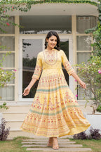 Juniper Women's Yellow Ethnic Motif Printed Rayon Dress With Dori & Kaudis | Grocsy