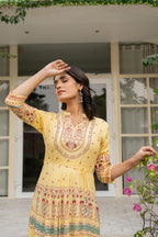 Juniper Women's Yellow Ethnic Motif Printed Rayon Dress With Dori & Kaudis | Grocsy