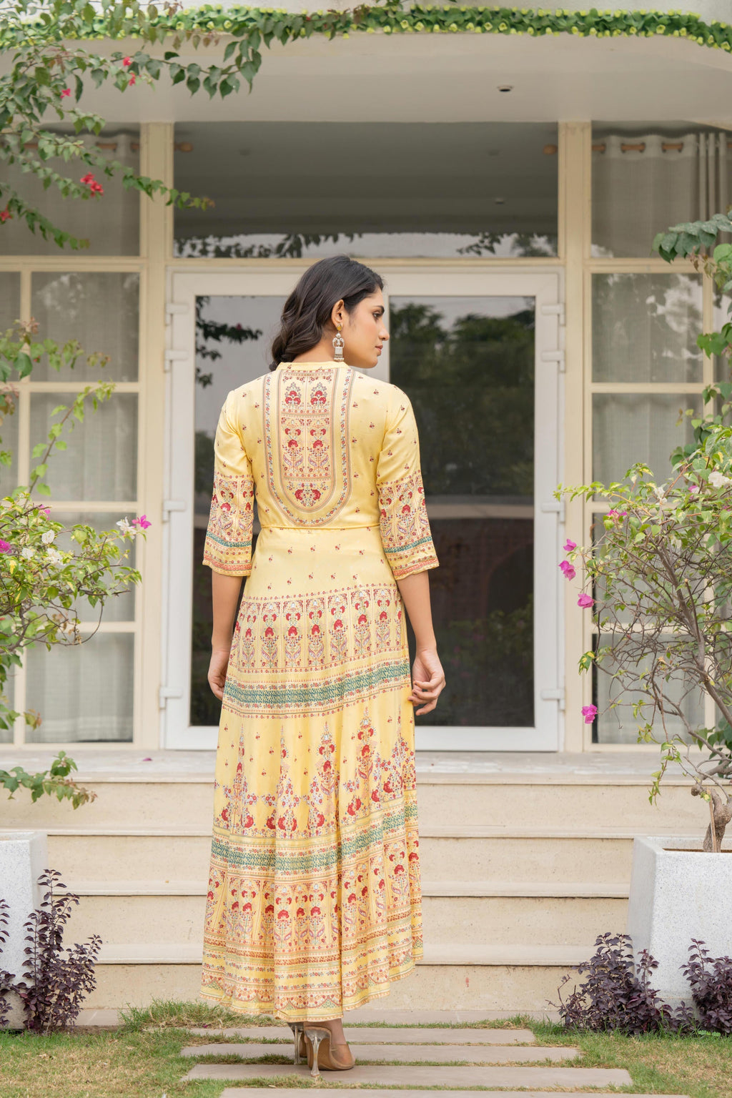 Juniper Women's Yellow Ethnic Motif Printed Rayon Dress With Dori & Kaudis | Grocsy