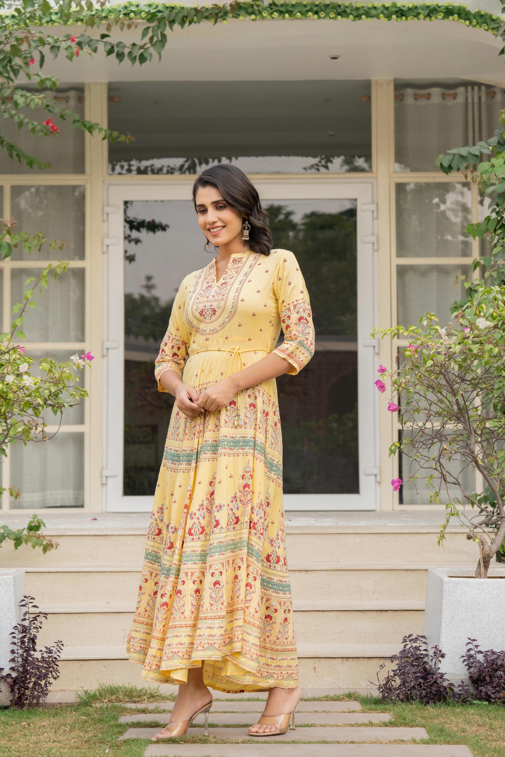 Juniper Women's Yellow Ethnic Motif Printed Rayon Dress With Dori & Kaudis | Grocsy