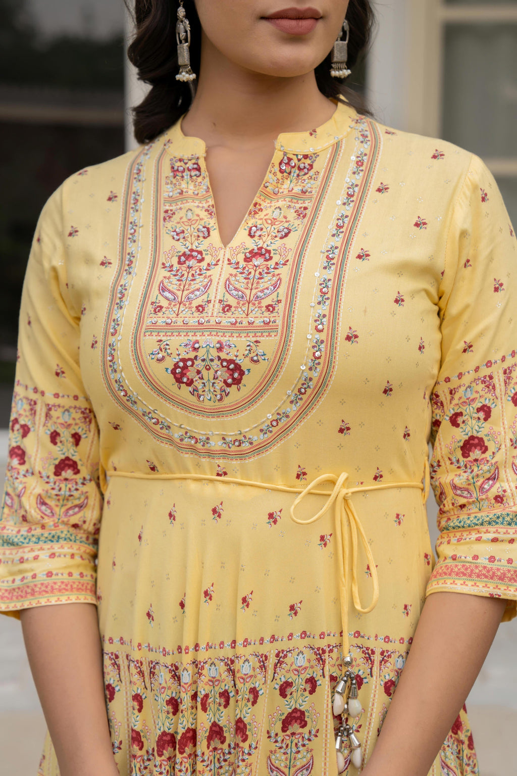 Juniper Women's Yellow Ethnic Motif Printed Rayon Dress With Dori & Kaudis | Grocsy