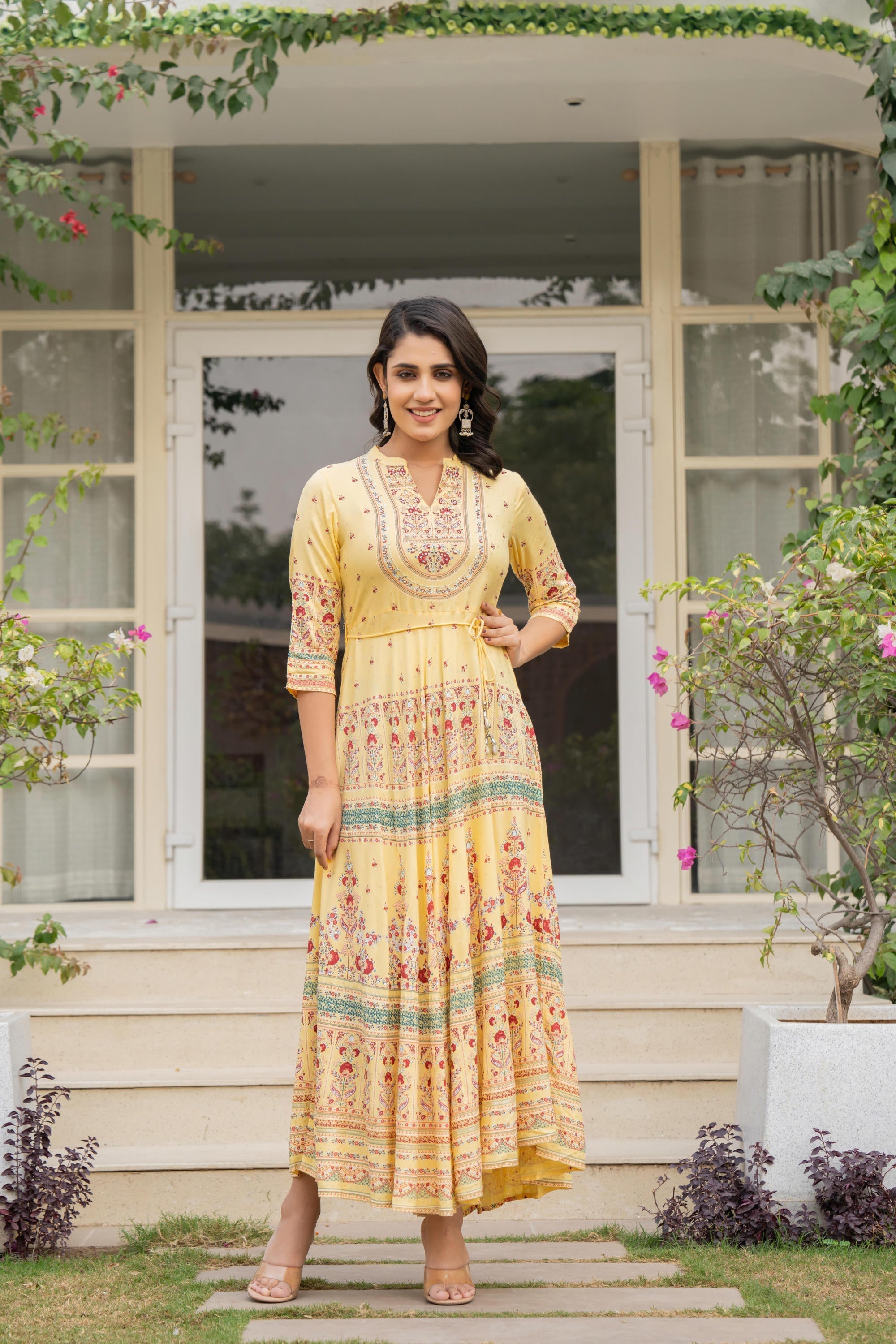 Juniper Women's Yellow Ethnic Motif Printed Rayon Dress With Dori & Kaudis | Grocsy