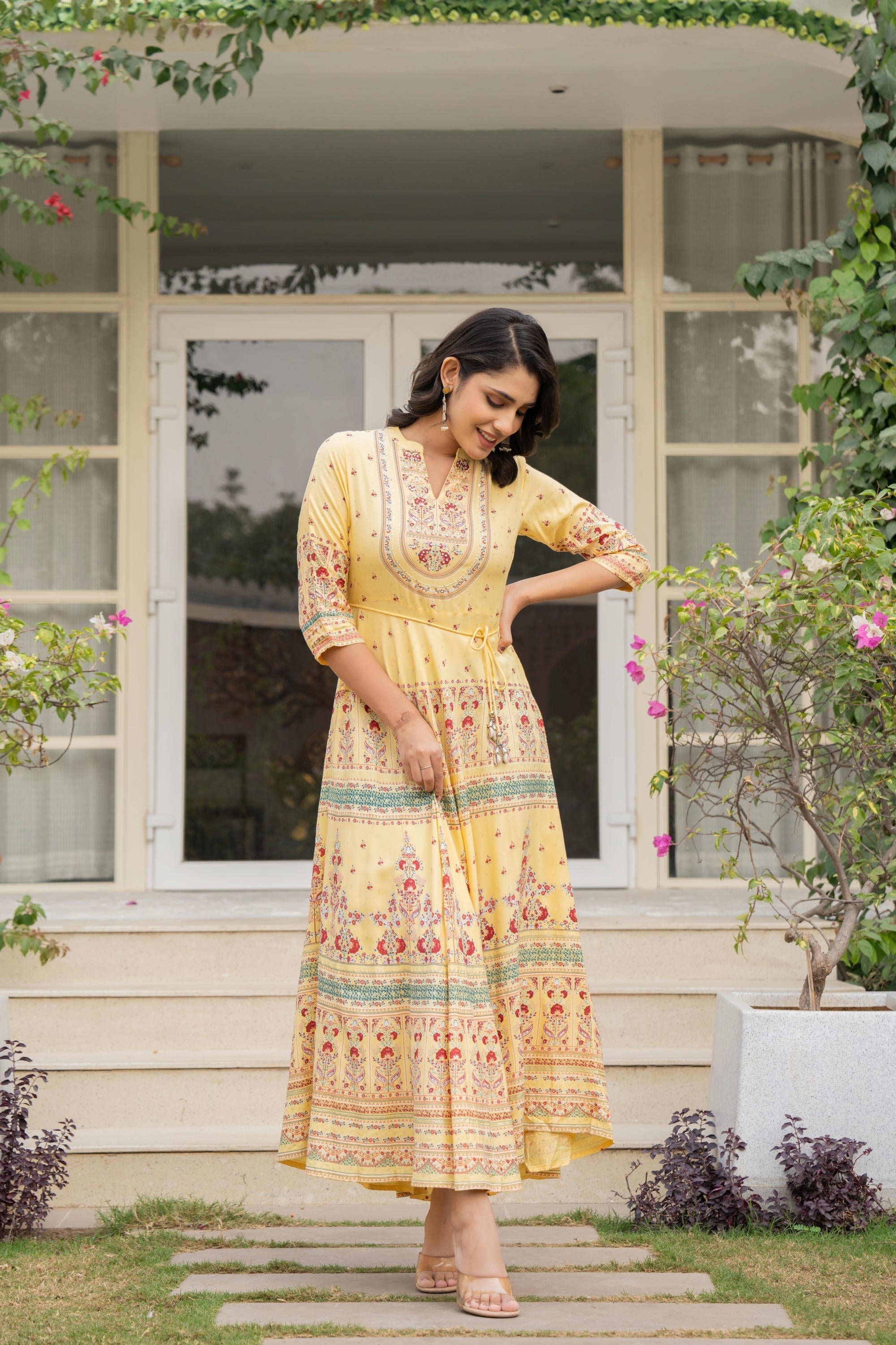 Juniper Women's Yellow Ethnic Motif Printed Rayon Dress With Dori & Kaudis | Grocsy
