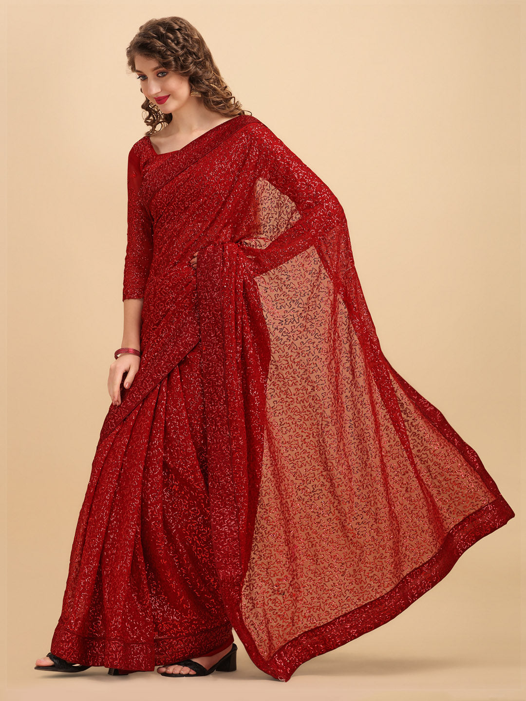 Sangria Maroon Embellished Sequinned Pure Georgette Saree | Grocsy