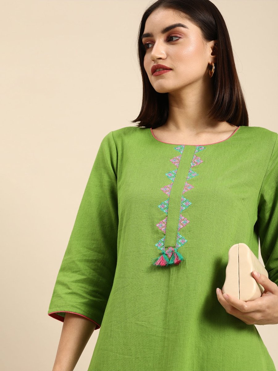 All About You Women Green & Pink Ethnic Motifs Yoke Design Thread Work Pure Cotton Kurta | Grocsy