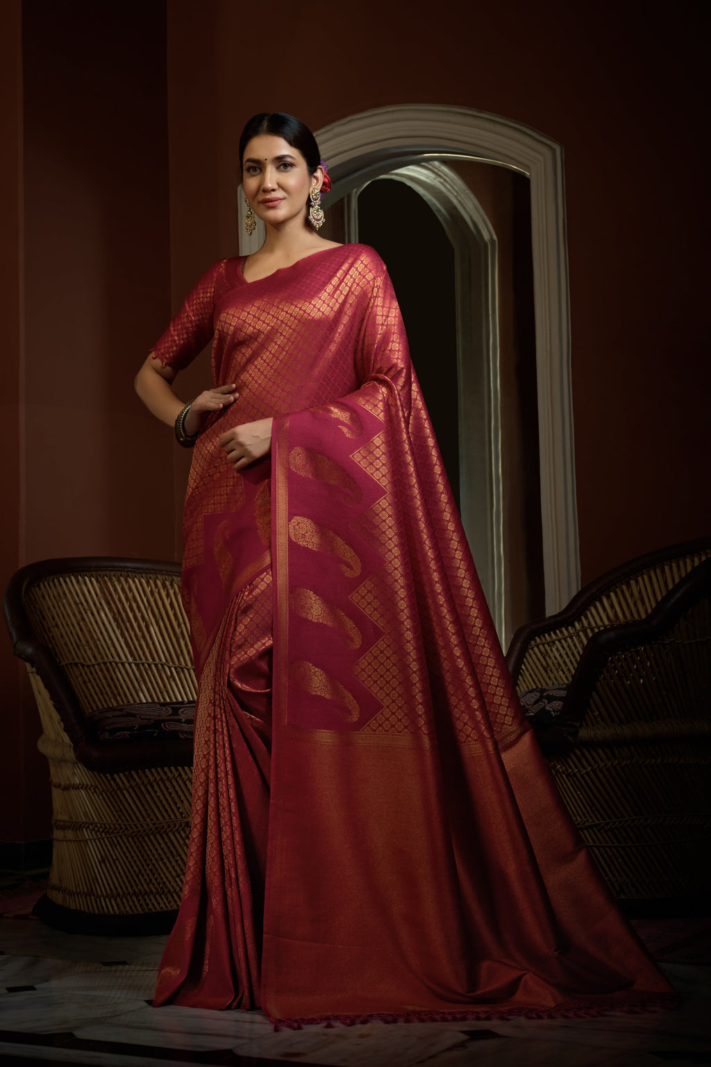Vardha Fuchsia Pink Golden Zari Kanjeevaram Silk Saree | Grocsy