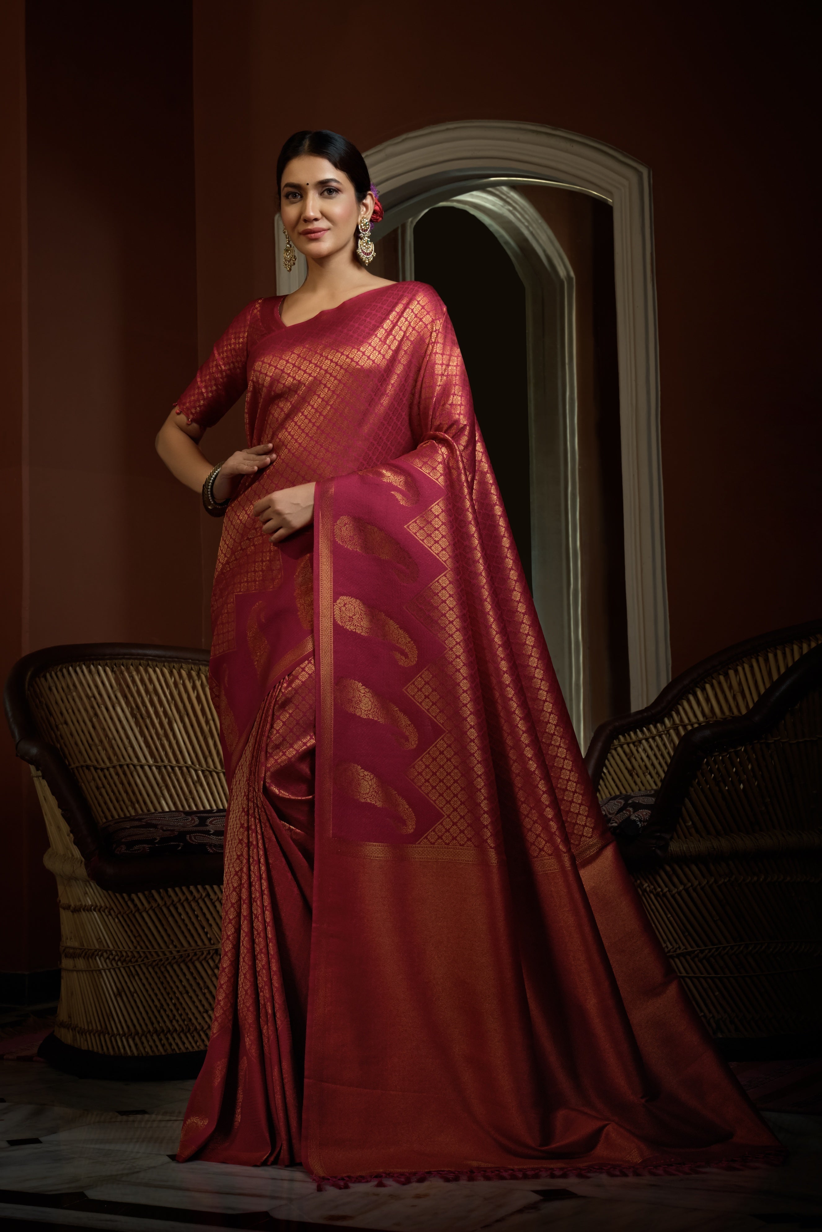 Vardha Fuchsia Pink Golden Zari Kanjeevaram Silk Saree | Grocsy