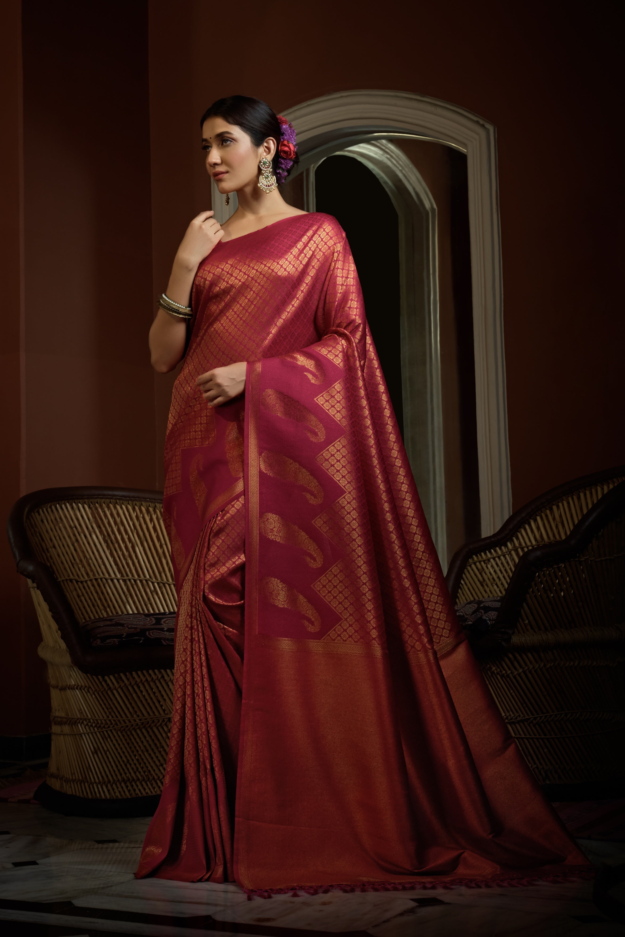 Vardha Fuchsia Pink Golden Zari Kanjeevaram Silk Saree | Grocsy
