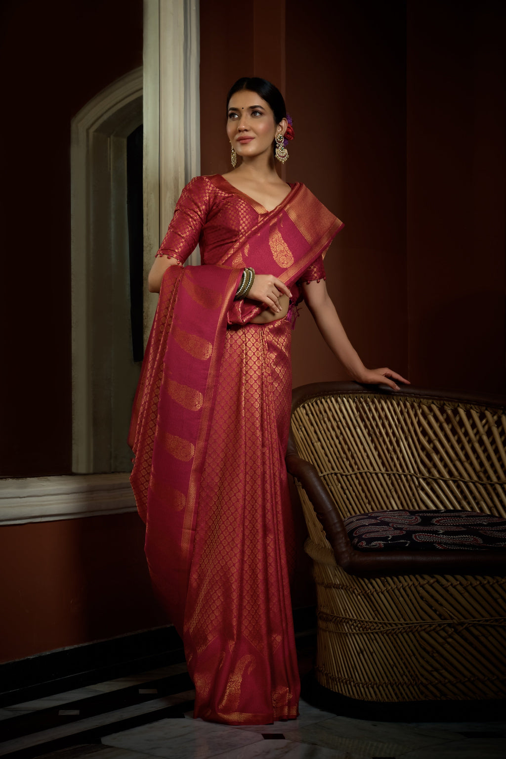 Vardha Fuchsia Pink Golden Zari Kanjeevaram Silk Saree | Grocsy