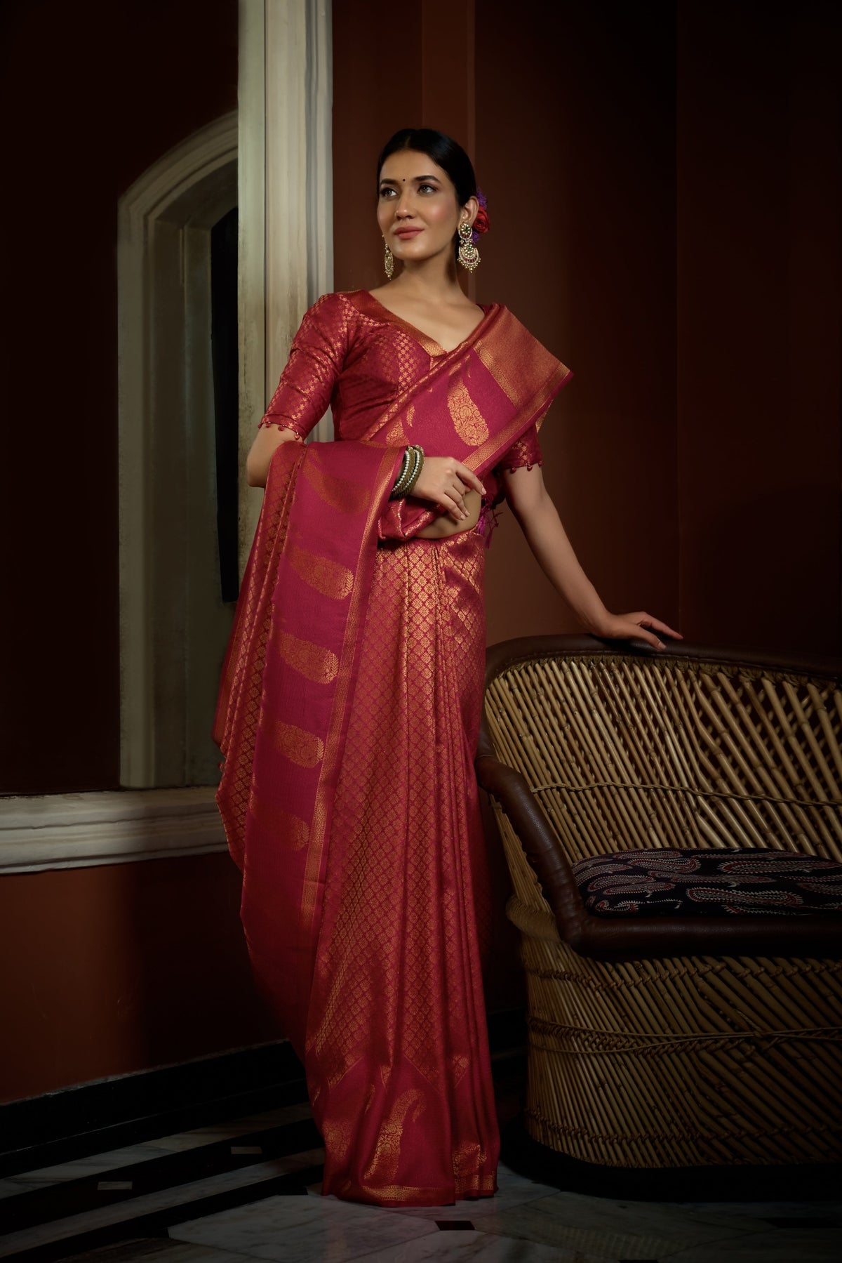Vardha Fuchsia Pink Golden Zari Kanjeevaram Silk Saree | Grocsy