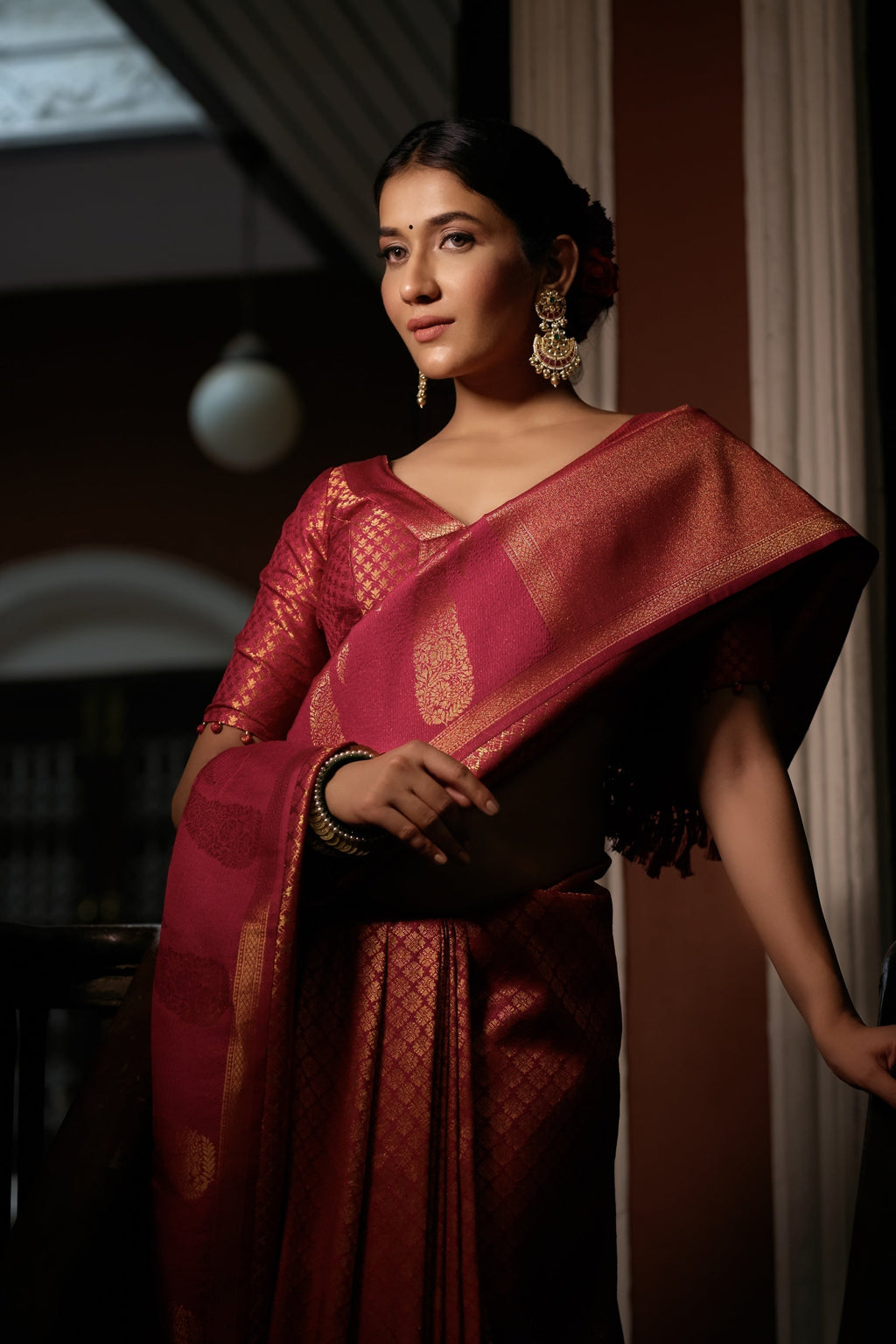 Vardha Fuchsia Pink Golden Zari Kanjeevaram Silk Saree | Grocsy