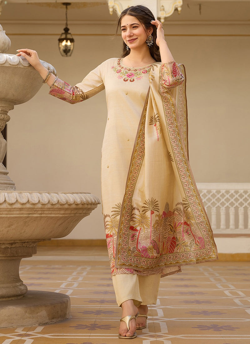 Vellora Pure Viscose Assam Silk White Daily Wear Embroidery Work Readymade Suit | Grocsy