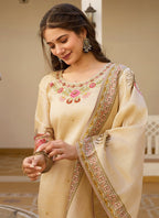 Vellora Pure Viscose Assam Silk White Daily Wear Embroidery Work Readymade Suit | Grocsy