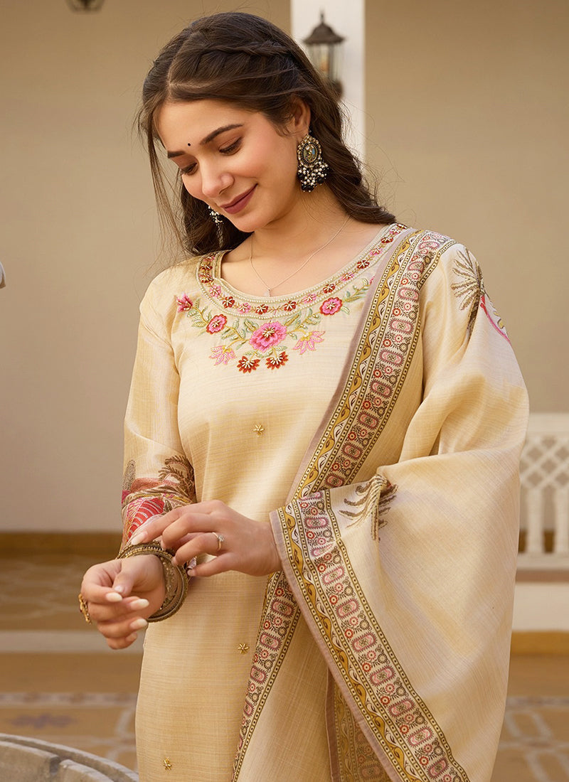 Vellora Pure Viscose Assam Silk White Daily Wear Embroidery Work Readymade Suit | Grocsy