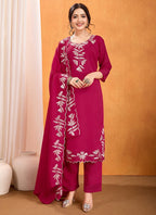 Vellora Pure Vichitra Silk Rani Casual Wear Embroidery Work Readymade Suit | Grocsy
