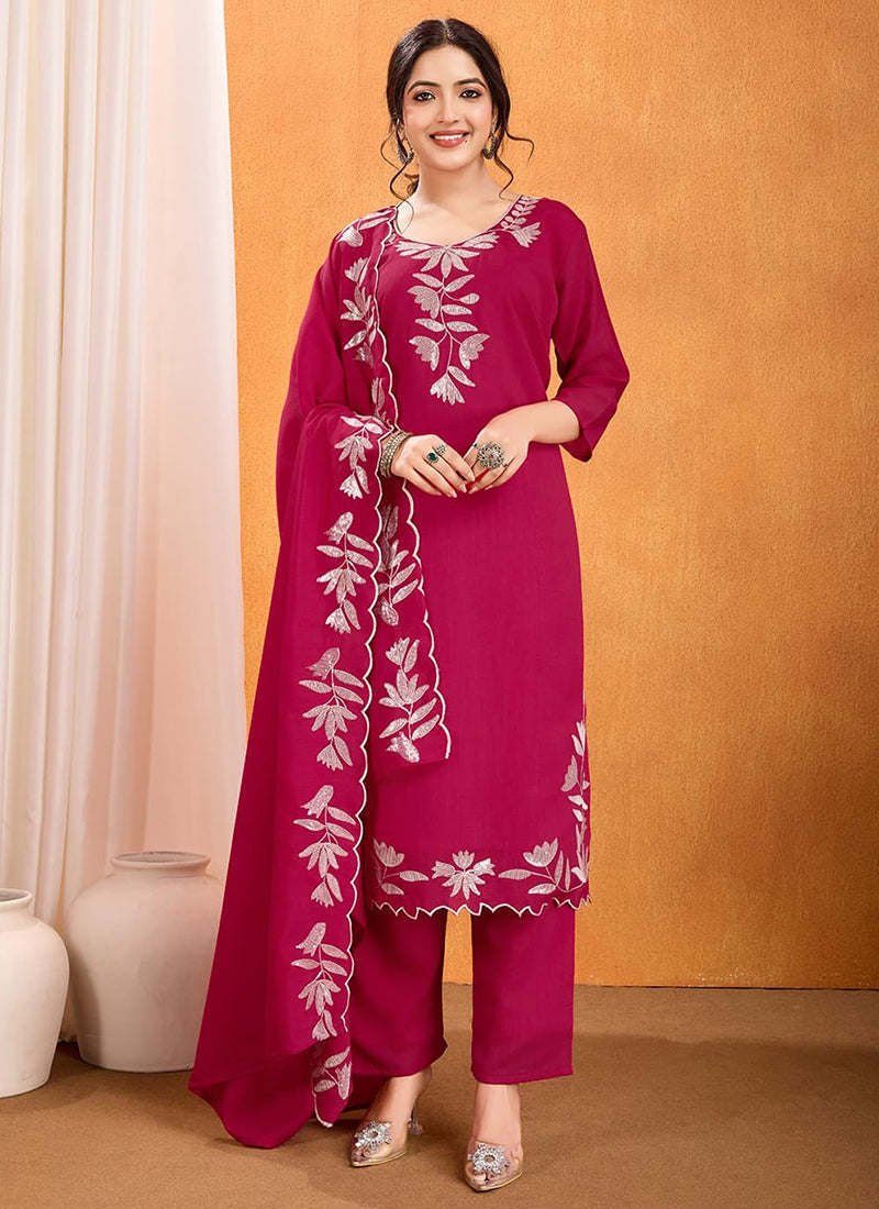 Vellora Pure Vichitra Silk Rani Casual Wear Embroidery Work Readymade Suit | Grocsy