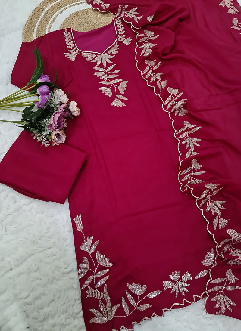 Vellora Pure Vichitra Silk Rani Casual Wear Embroidery Work Readymade Suit | Grocsy