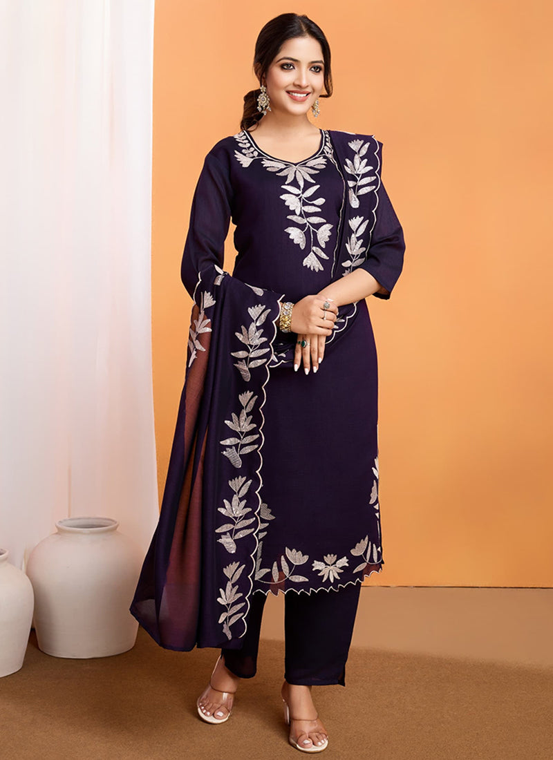 Vellora Pure Vichitra Silk Purple Casual Wear Embroidery Work Readymade Suit | Grocsy