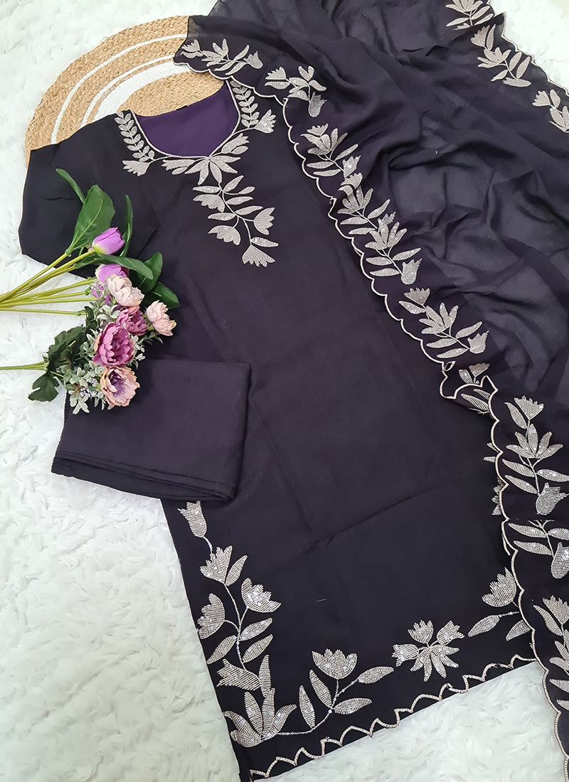 Vellora Pure Vichitra Silk Purple Casual Wear Embroidery Work Readymade Suit | Grocsy