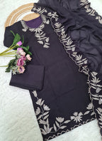 Vellora Pure Vichitra Silk Purple Casual Wear Embroidery Work Readymade Suit | Grocsy