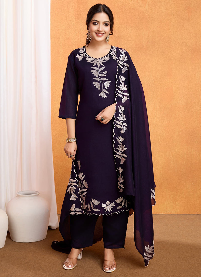 Vellora Pure Vichitra Silk Purple Casual Wear Embroidery Work Readymade Suit | Grocsy