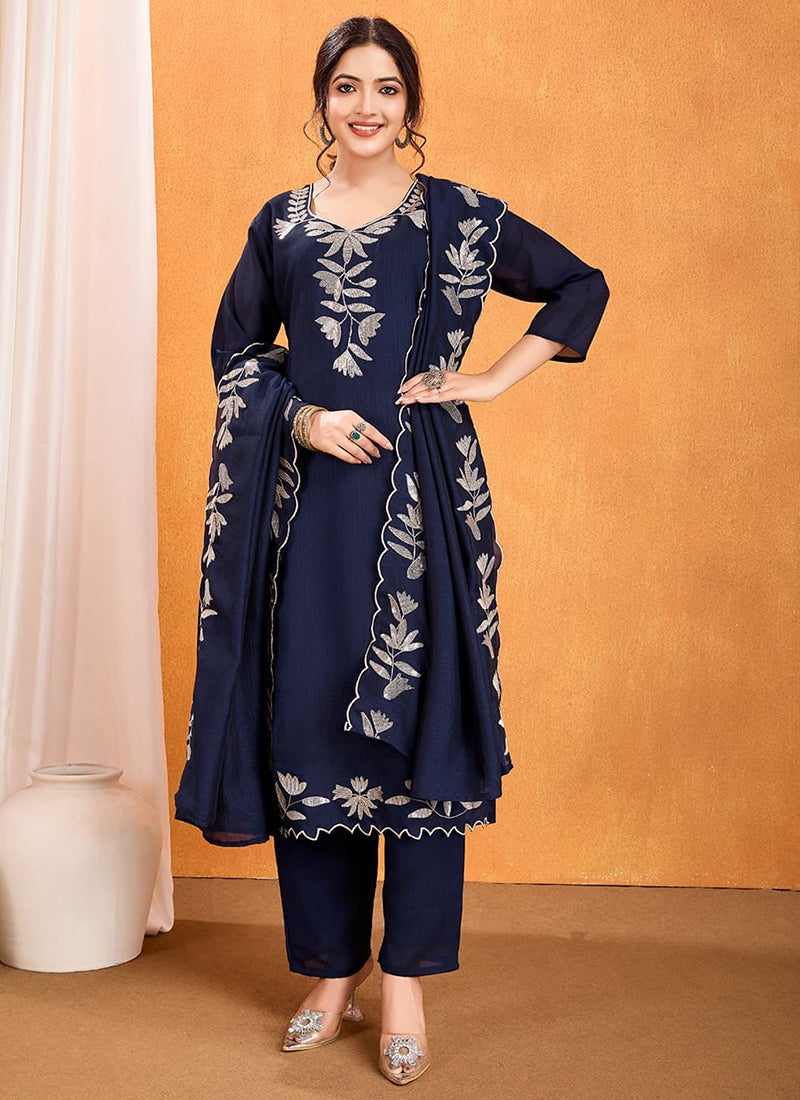 Vellora Pure Vichitra Silk Blue Casual Wear Embroidery Work Readymade Suit | Grocsy