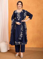 Vellora Pure Vichitra Silk Blue Casual Wear Embroidery Work Readymade Suit | Grocsy