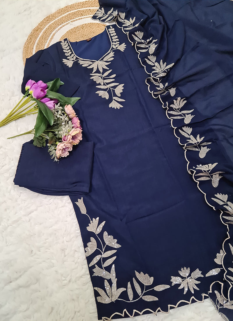 Vellora Pure Vichitra Silk Blue Casual Wear Embroidery Work Readymade Suit | Grocsy