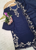 Vellora Pure Vichitra Silk Blue Casual Wear Embroidery Work Readymade Suit | Grocsy