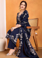 Vellora Pure Vichitra Silk Blue Casual Wear Embroidery Work Readymade Suit | Grocsy