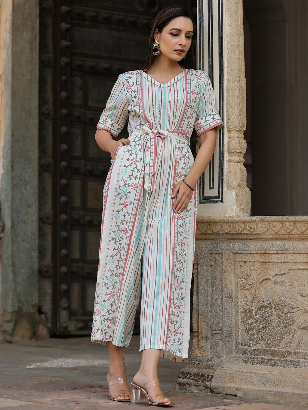 Juniper Ivory Geometric Printed Cotton Flex Jumpsuit With Beads & Thread Work | Grocsy