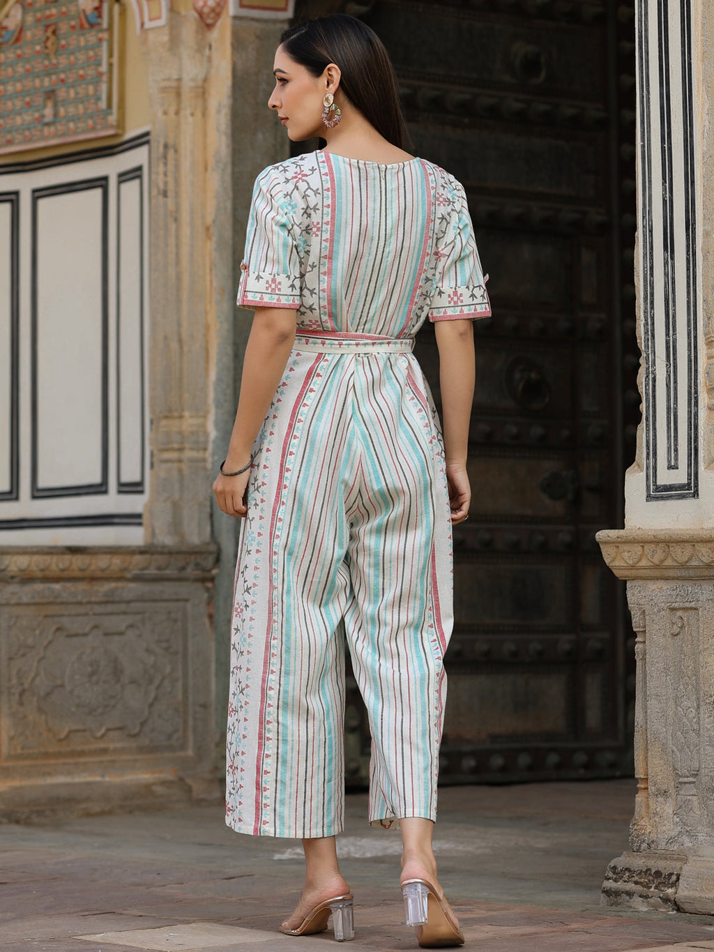 Juniper Ivory Geometric Printed Cotton Flex Jumpsuit With Beads & Thread Work | Grocsy