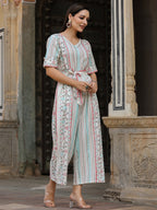 Juniper Ivory Geometric Printed Cotton Flex Jumpsuit With Beads & Thread Work | Grocsy