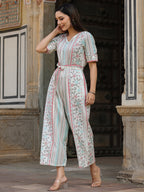 Juniper Ivory Geometric Printed Cotton Flex Jumpsuit With Beads & Thread Work | Grocsy