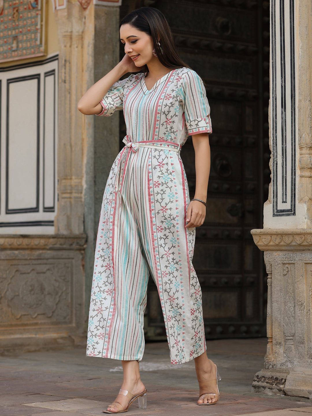 Juniper Ivory Geometric Printed Cotton Flex Jumpsuit With Beads & Thread Work | Grocsy