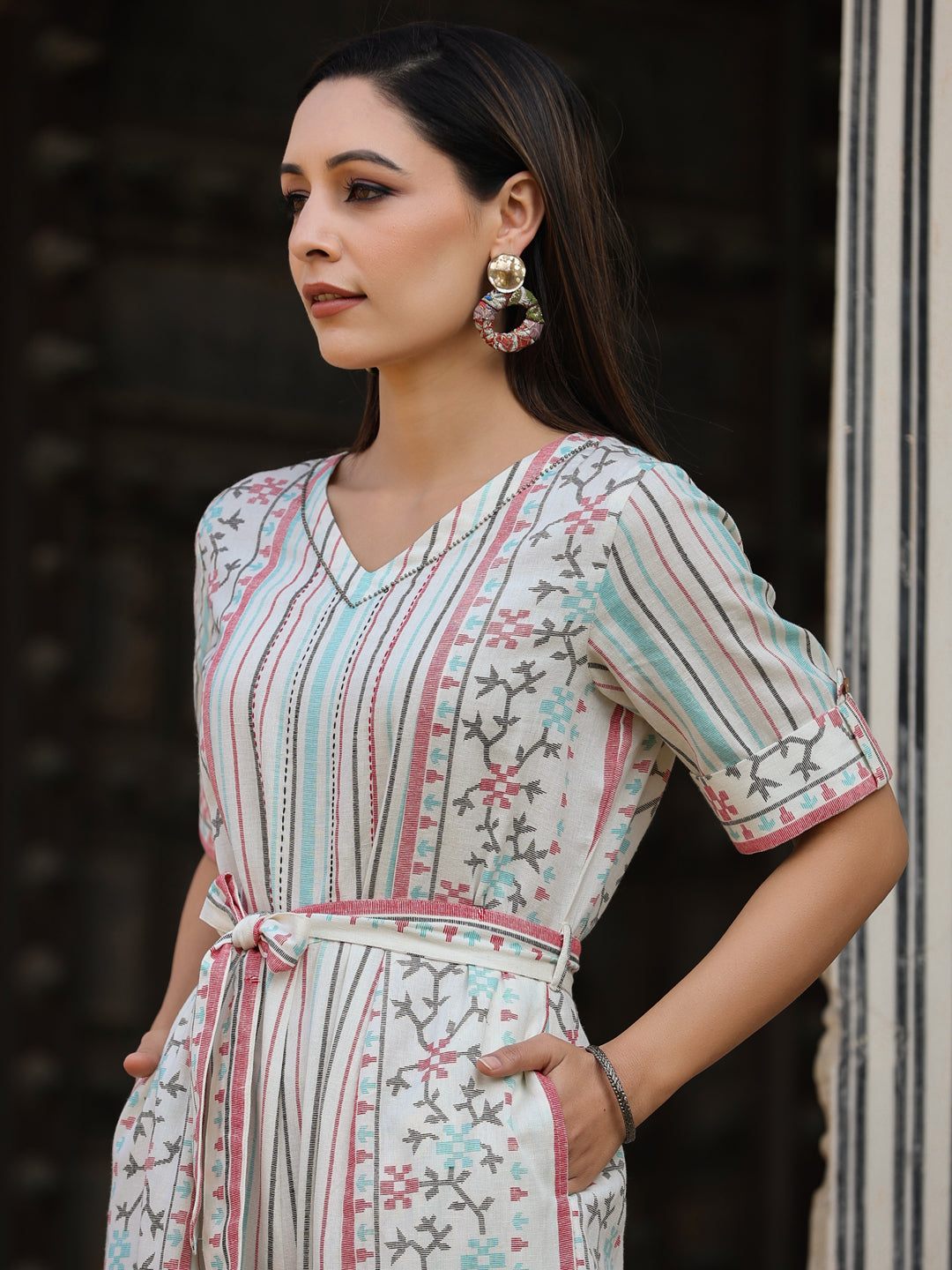 Juniper Ivory Geometric Printed Cotton Flex Jumpsuit With Beads & Thread Work | Grocsy