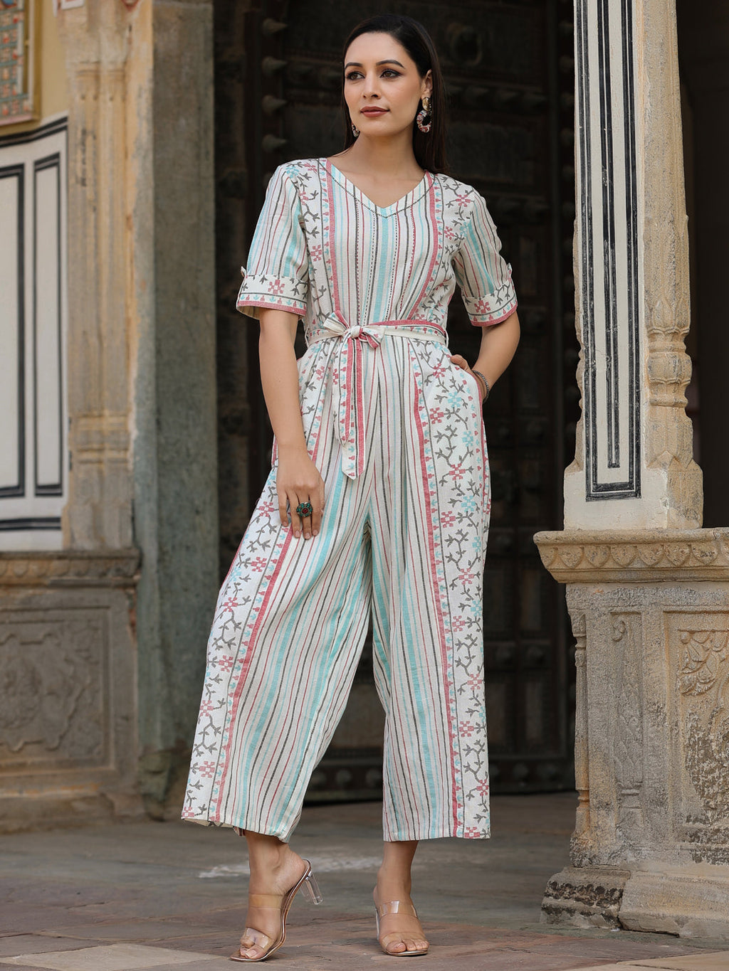 Juniper Ivory Geometric Printed Cotton Flex Jumpsuit With Beads & Thread Work | Grocsy