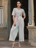 Juniper Ivory Geometric Printed Cotton Flex Jumpsuit With Beads & Thread Work | Grocsy