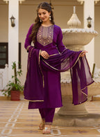 Vellora Rayon Slub Purple Casual Wear Sequins Work Readymade Suit | Grocsy