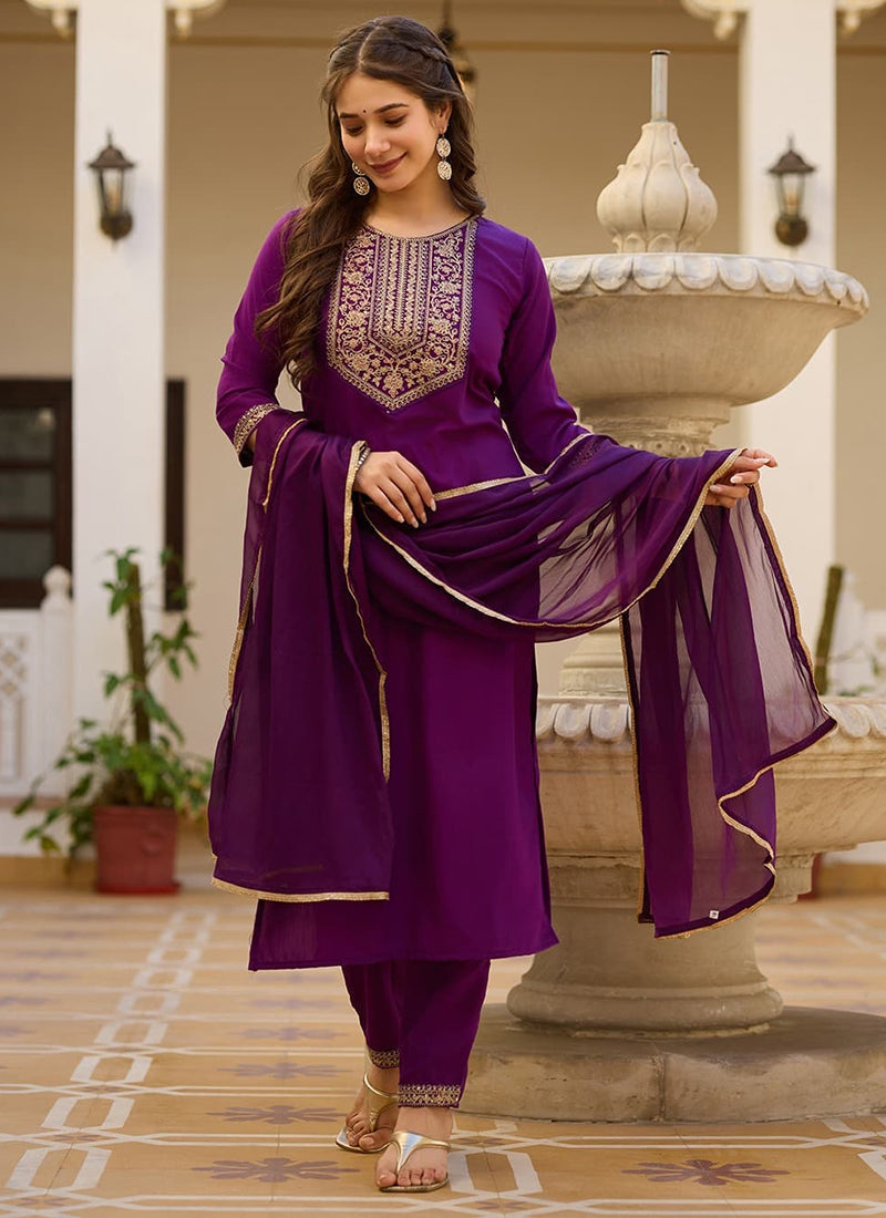 Vellora Rayon Slub Purple Casual Wear Sequins Work Readymade Suit | Grocsy